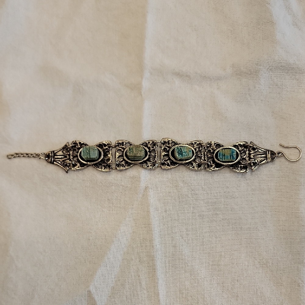 Vintage Faux Turquoise Scarab Silver Plated Bracelet Size 7in